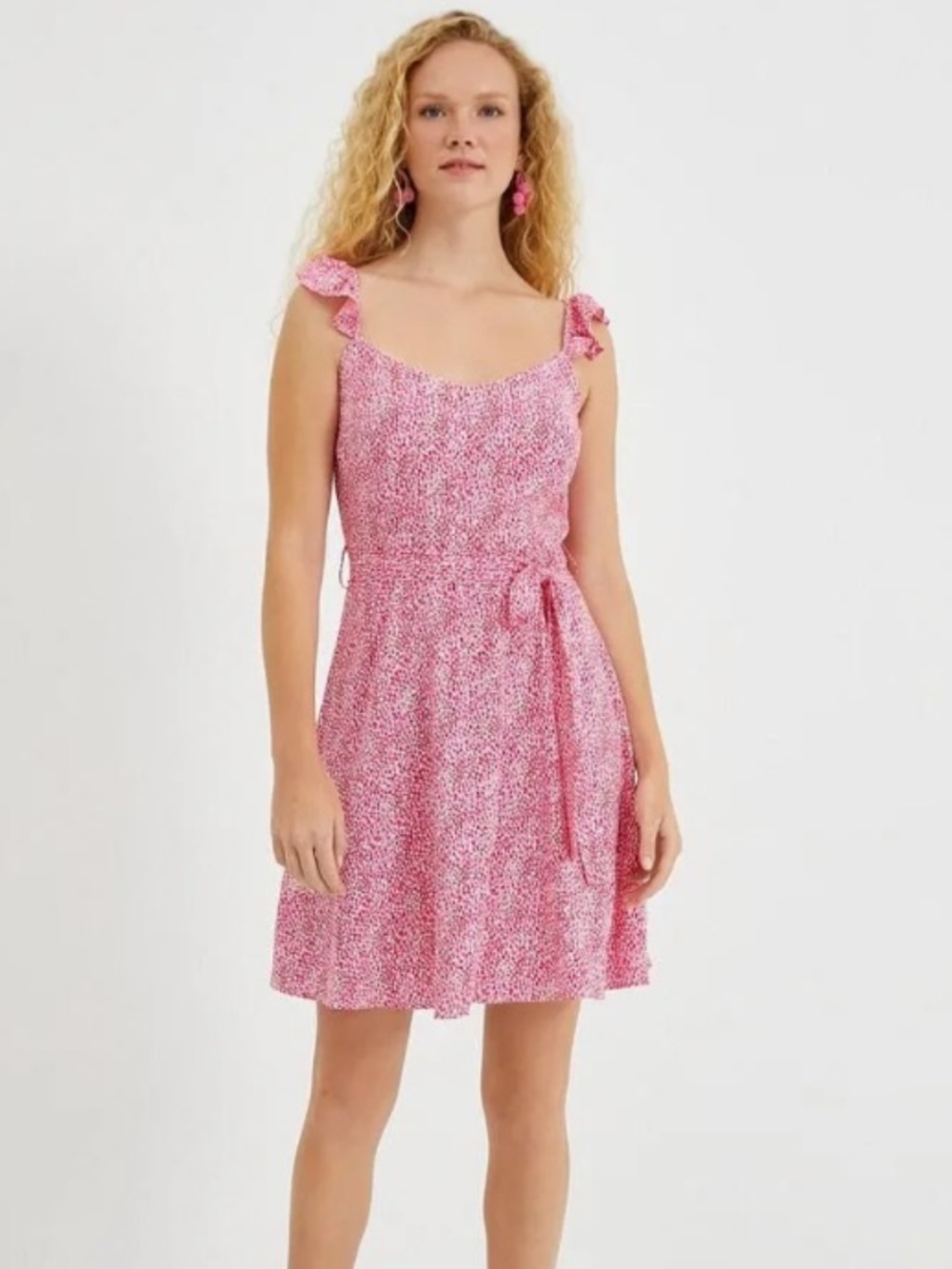 Koton Dot Patterned Ruffle Sleeveless A-Line Mini Dress Pink 10